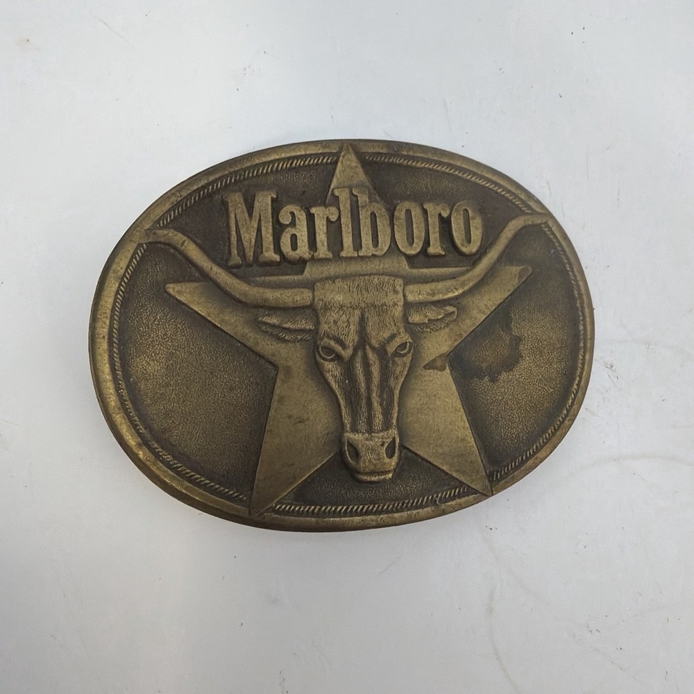 Vintage 1987 Marlboro Belt Buckle Solid Brass Philip Morris Longhorn Steer Star
